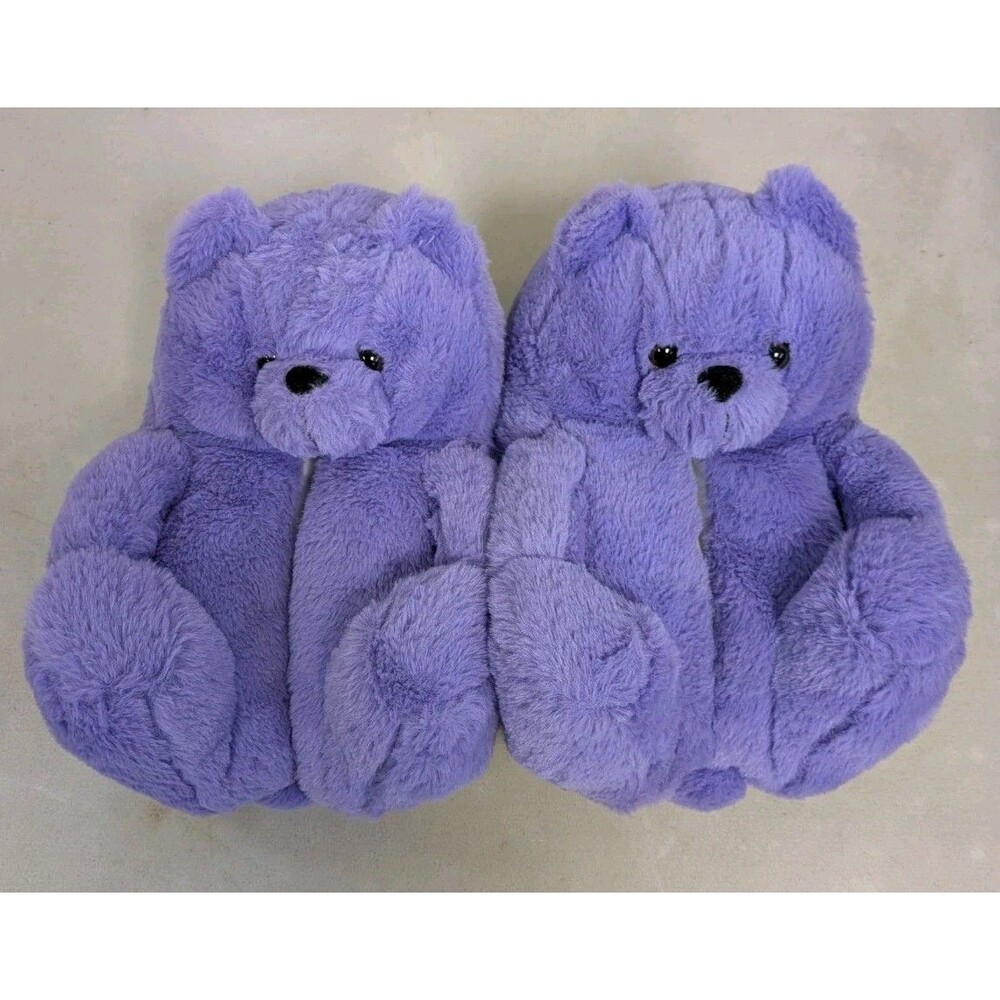 Fuzzy Teddy Bear Slippers Purple Women's Cozy Plush Bootie Shoes Size 5-9.5